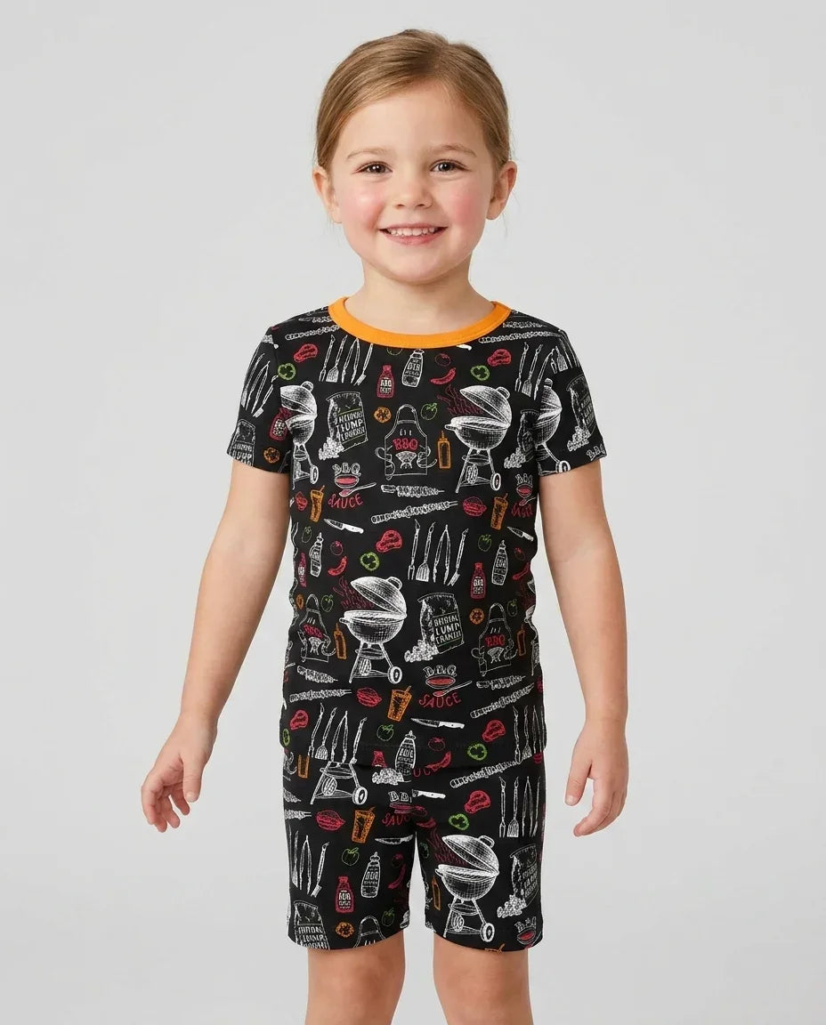 Backyard BBQ Party Family Matching Bamboo Two Piece Short Sleeve Shorts Pajama Set