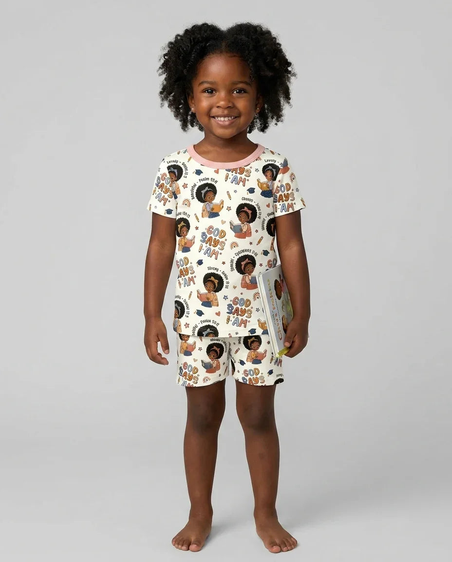 God Says I Am Cute Learning Afro Girl  Bamboo Two Piece Short Sleeve Shorts Pajama Set