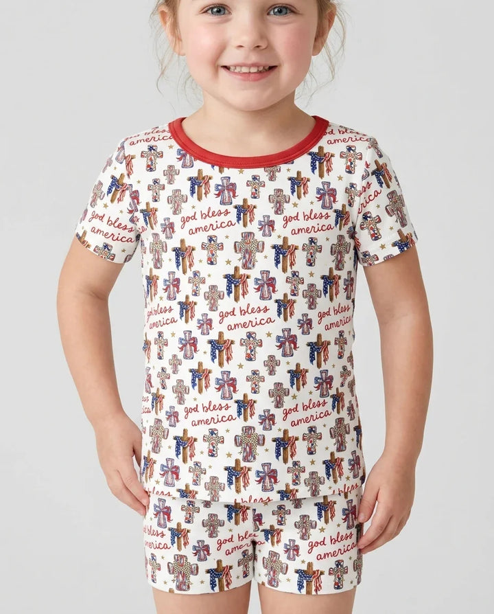 God Bless America Family Matching Bamboo Two Piece Short Sleeve Shorts Pajama Set