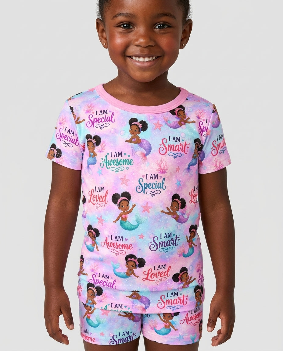 Black Mermaid I Am Strong Bamboo Two Piece Short Sleeve Shorts Pajama Set