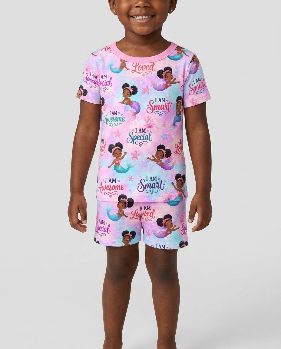 Black Mermaid I Am Strong Bamboo Two Piece Short Sleeve Shorts Pajama Set