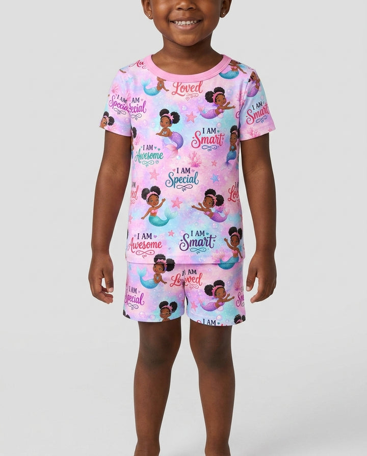 Black Mermaid I Am Strong Bamboo Two Piece Short Sleeve Shorts Pajama Set
