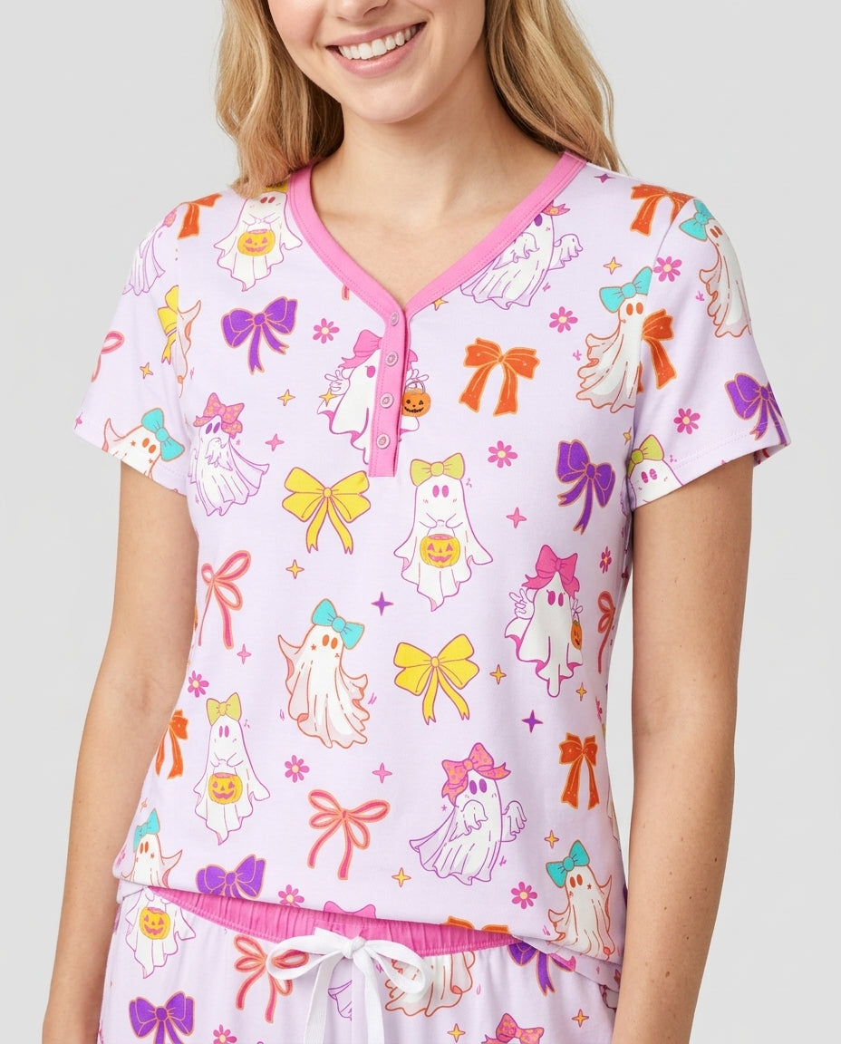 Coquette Ghost & Bow Bamboo Women Short Sleeve Short Pajama Set