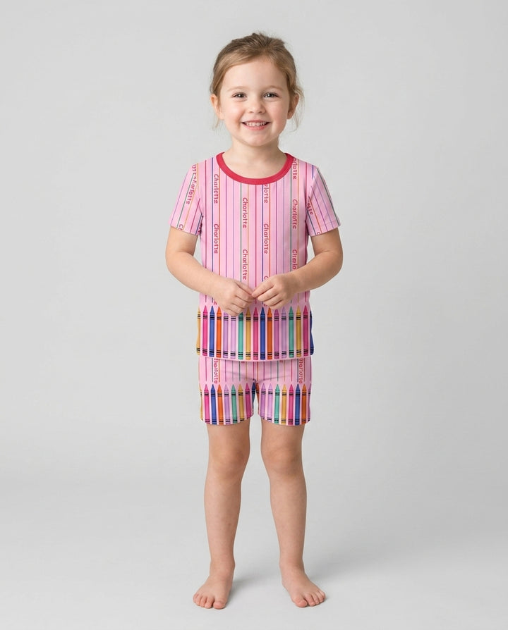Custom Name Crayon Lines Bamboo Two Piece Short Sleeve Shorts Pajama Set