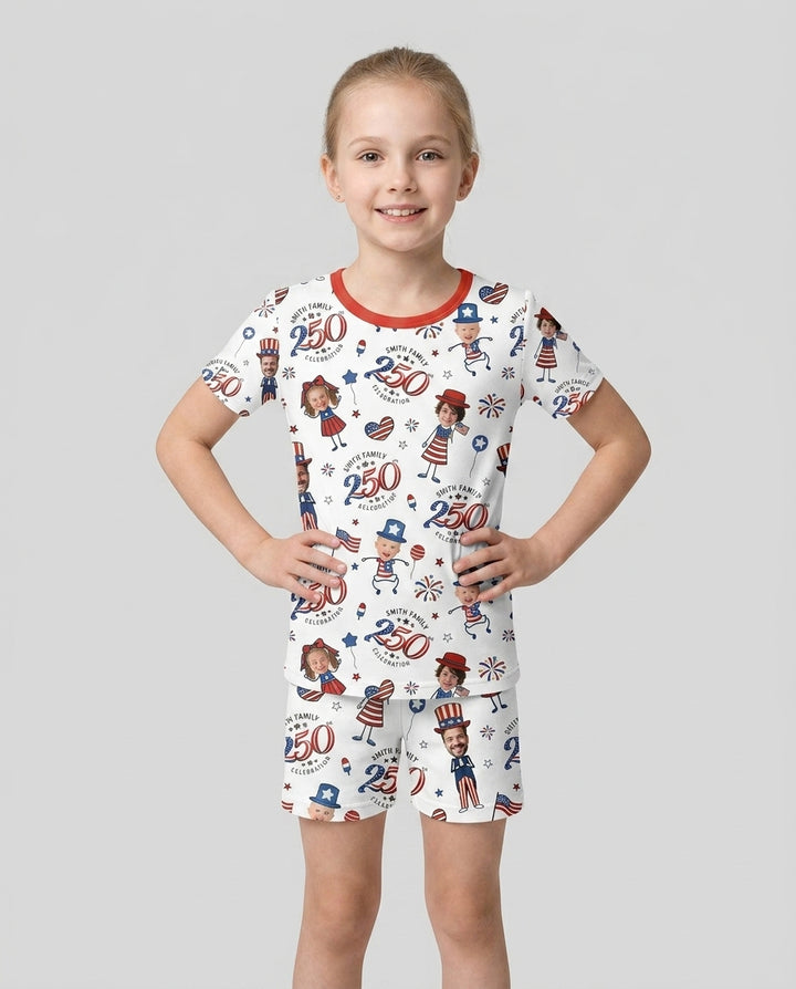 Custom Photo Smith Family Celebration Bamboo Two Piece Short Sleeve Shorts Pajama Set