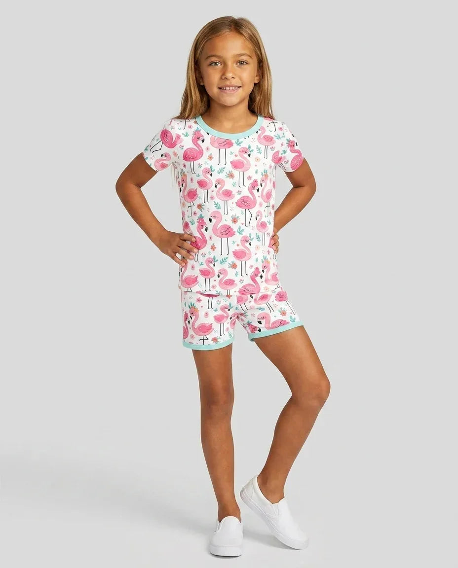 Hola, conjunto de pijama de dos piezas de manga corta y pantalón corto Flamingo Bamboo