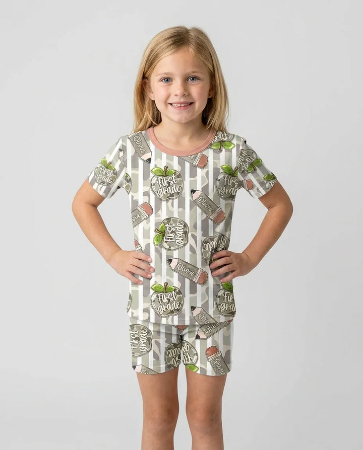 Custom Name Camo Apple Days Bamboo Two Piece Short Sleeve Shorts Pajama Set