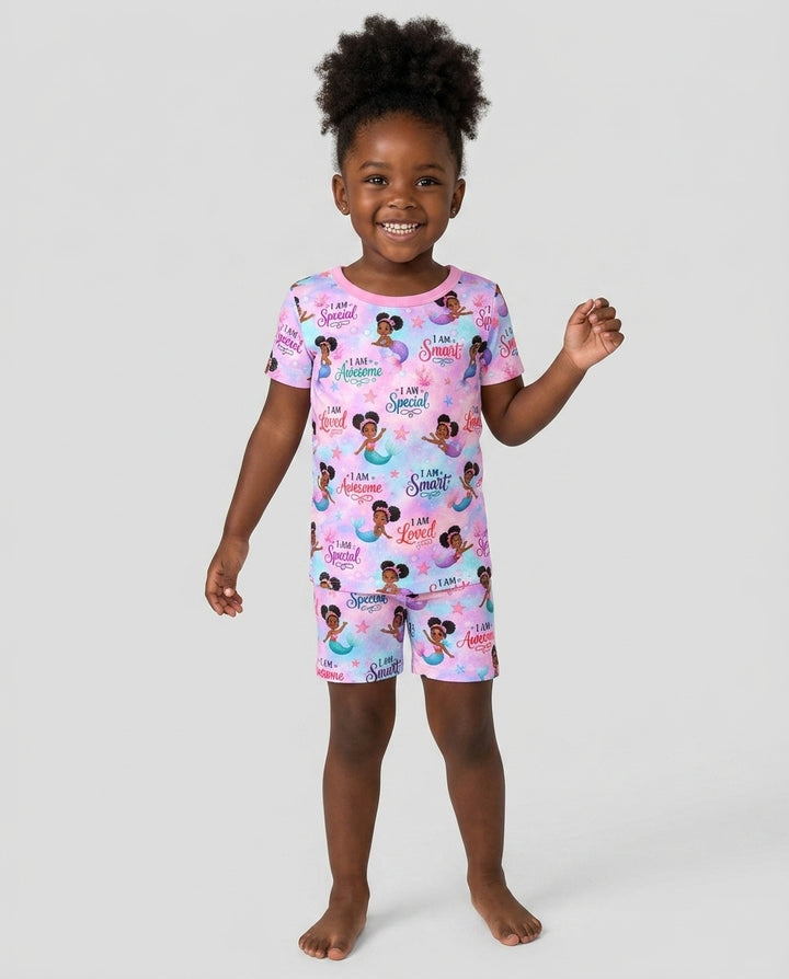 Black Mermaid I Am Strong Bamboo Two Piece Short Sleeve Shorts Pajama Set