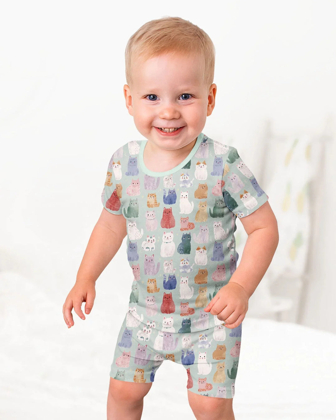 Enchanted Happy Kitty Family Matching Bamboo Two Piece Short Sleeve Shorts Pajama Set