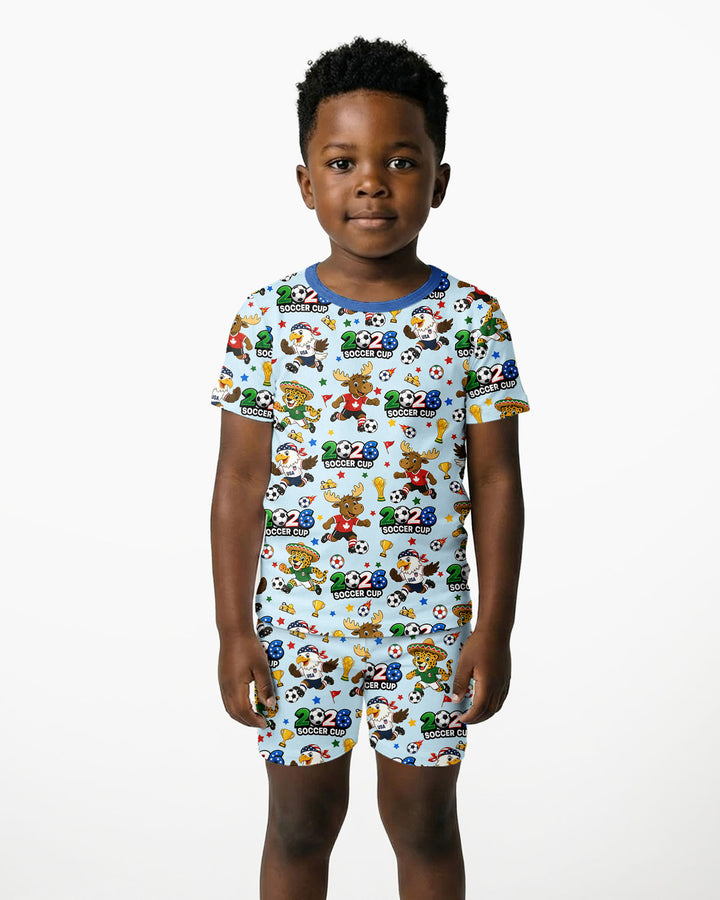 Soccer Cup Cute Mascots Two Piece Short Sleeve Shorts Pajama Set
