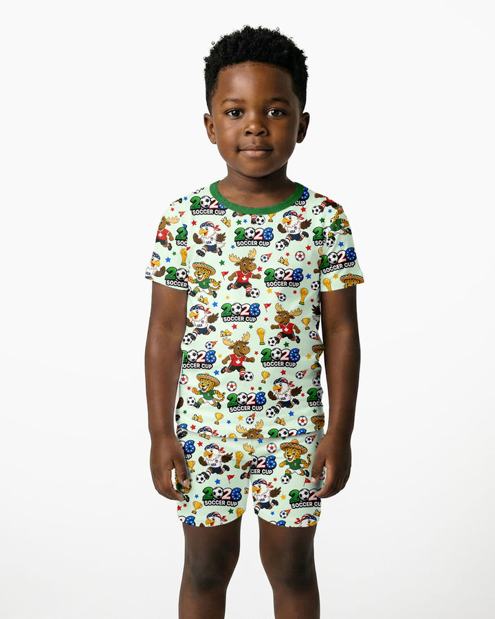 Soccer Cup Cute Mascots Two Piece Short Sleeve Shorts Pajama Set