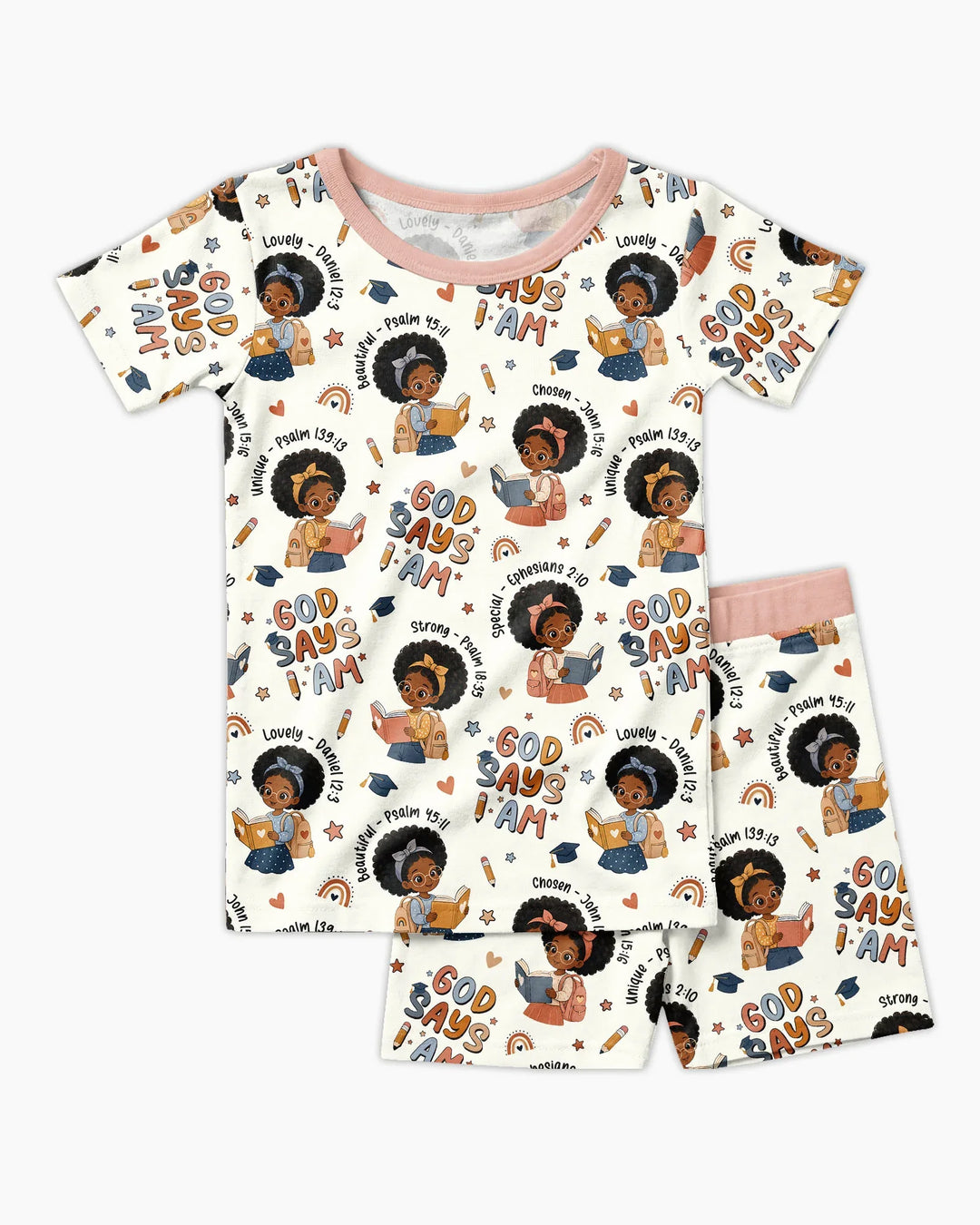 God Says I Am Cute Learning Afro Girl  Bamboo Two Piece Short Sleeve Shorts Pajama Set