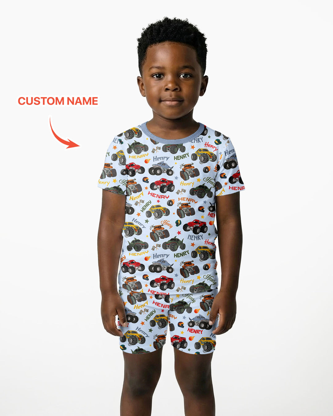 Personalized Monster Truck Bamboo Two Piece Short Sleeve Shorts Pajama Set