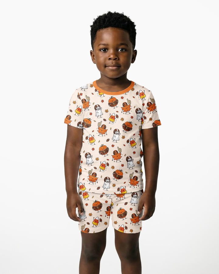 Fall Day Football Bamboo Two Piece Short Sleeve Shorts Pajama Set