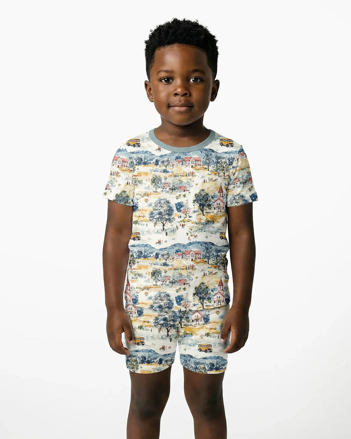 Whimsical Watercolor School Village Bamboo Two Piece Short Sleeve Shorts Pajama Set