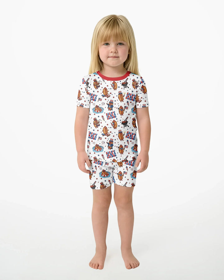 Hot Dog Patriotic Bamboo Two Piece Short Sleeve Shorts Pajama Set