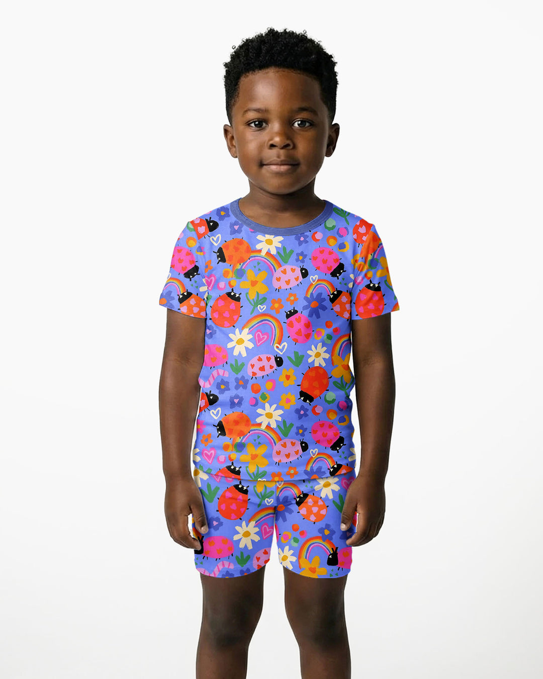 Conjunto de pijama de dos piezas de bambú con mangas cortas y shorts para niñas, diseño de mariquitas