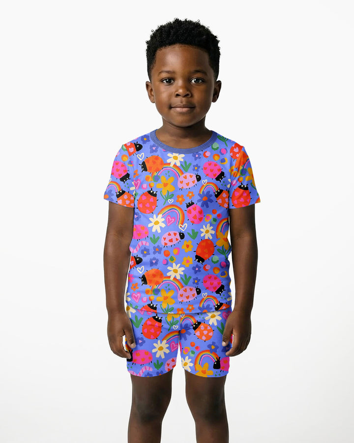 Conjunto de pijama de dos piezas de bambú con mangas cortas y shorts para niñas, diseño de mariquitas
