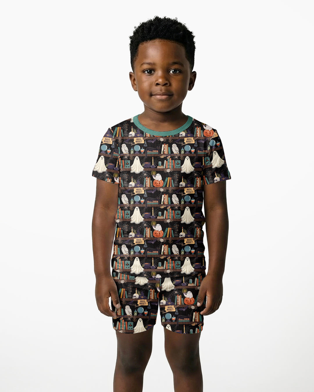 Cute Ghost Witchy Halloween Magic Library Bamboo Two Piece Short Sleeve Shorts Pajama Set