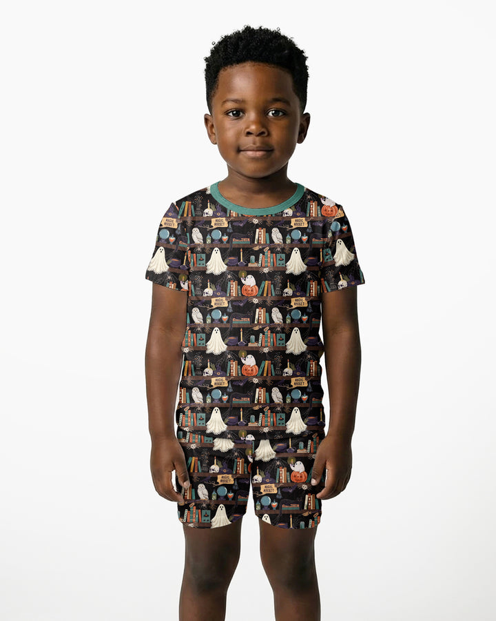 Cute Ghost Witchy Halloween Magic Library Bamboo Two Piece Short Sleeve Shorts Pajama Set