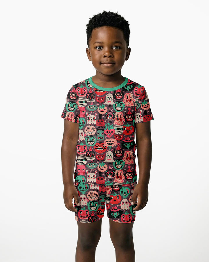 Retro Halloween Monsters Ghost Pumpkin Mummy Bamboo Two Piece Short Sleeve Shorts Pajama Set