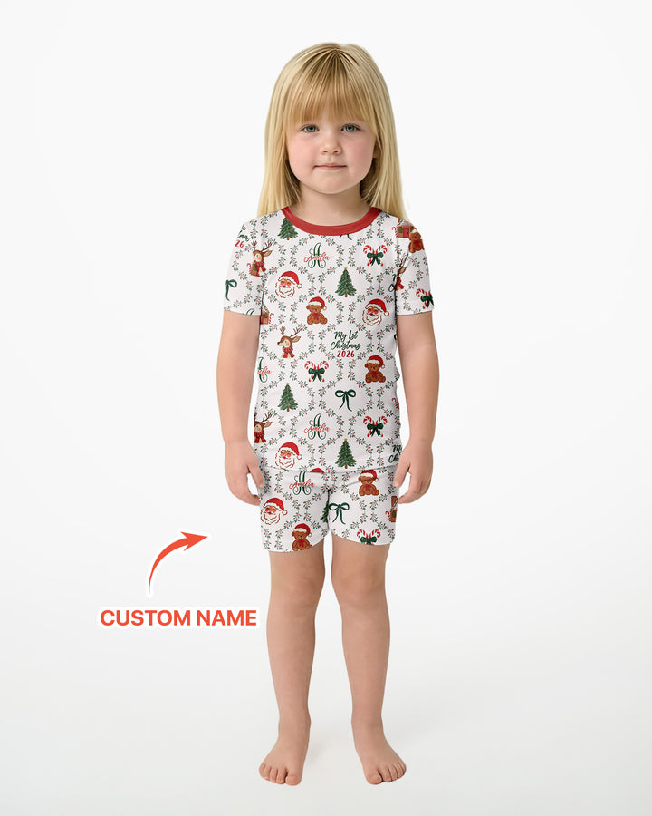 Custom name "Fancy Monogram Red Christmas 2026" Bamboo Two Piece Short Sleeve Shorts Pajama Set