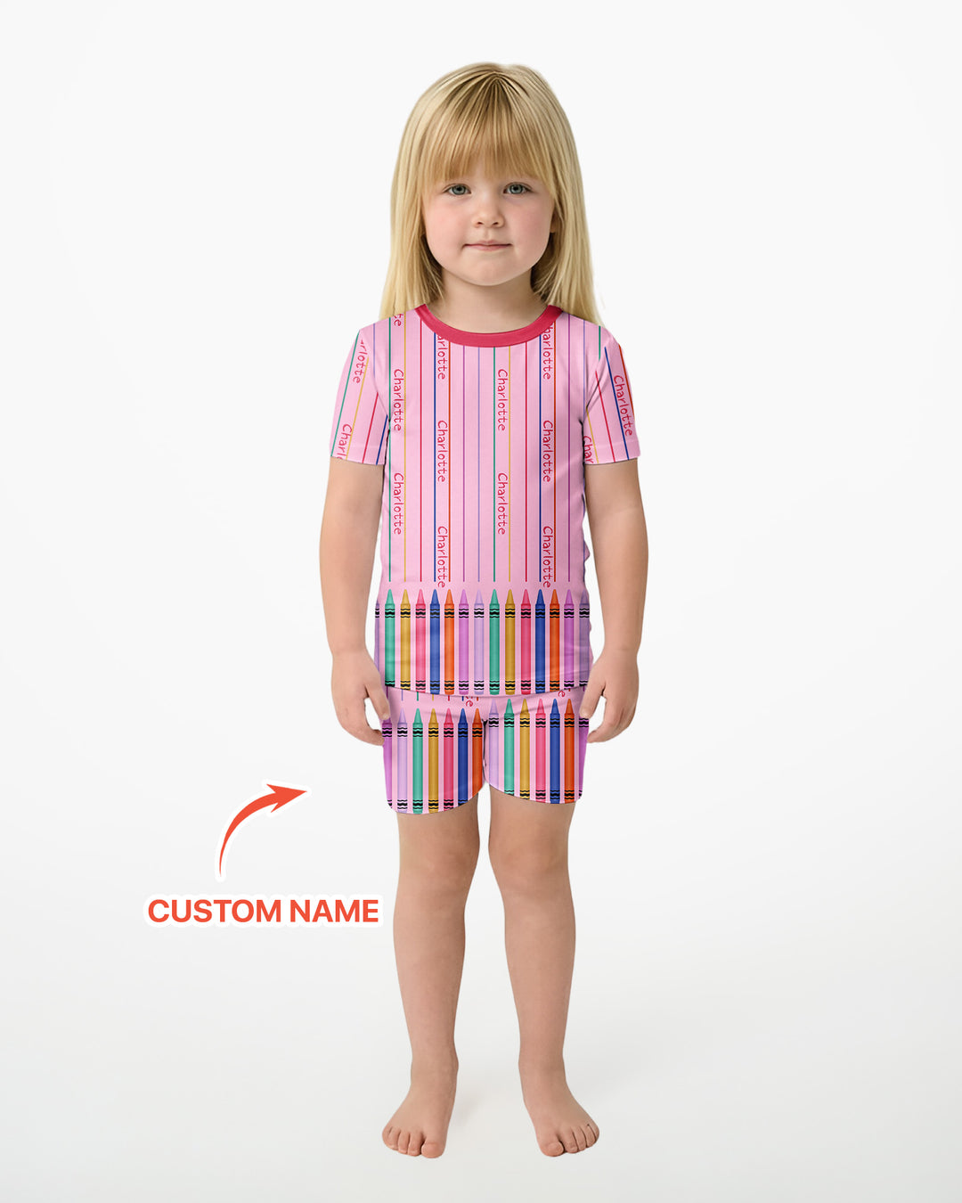 Custom Name Crayon Lines Bamboo Two Piece Short Sleeve Shorts Pajama Set
