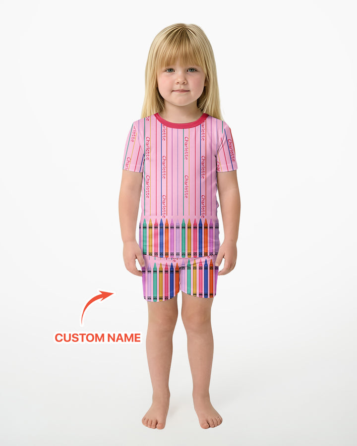 Custom Name Crayon Lines Bamboo Two Piece Short Sleeve Shorts Pajama Set