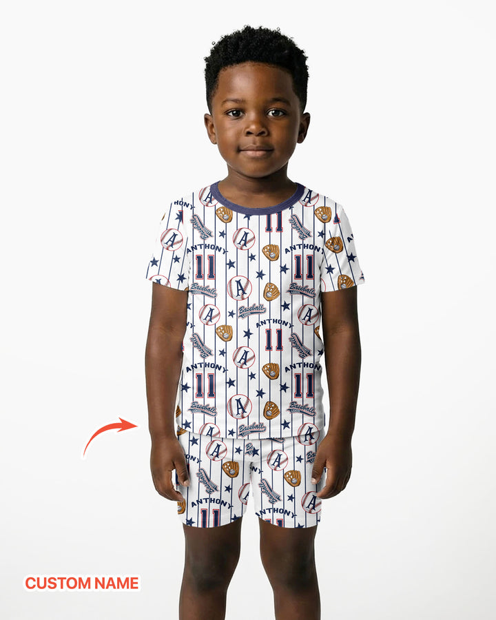 Custom Name Baseball Time Bamboo Two Piece Short Sleeve Shorts Pajama Set