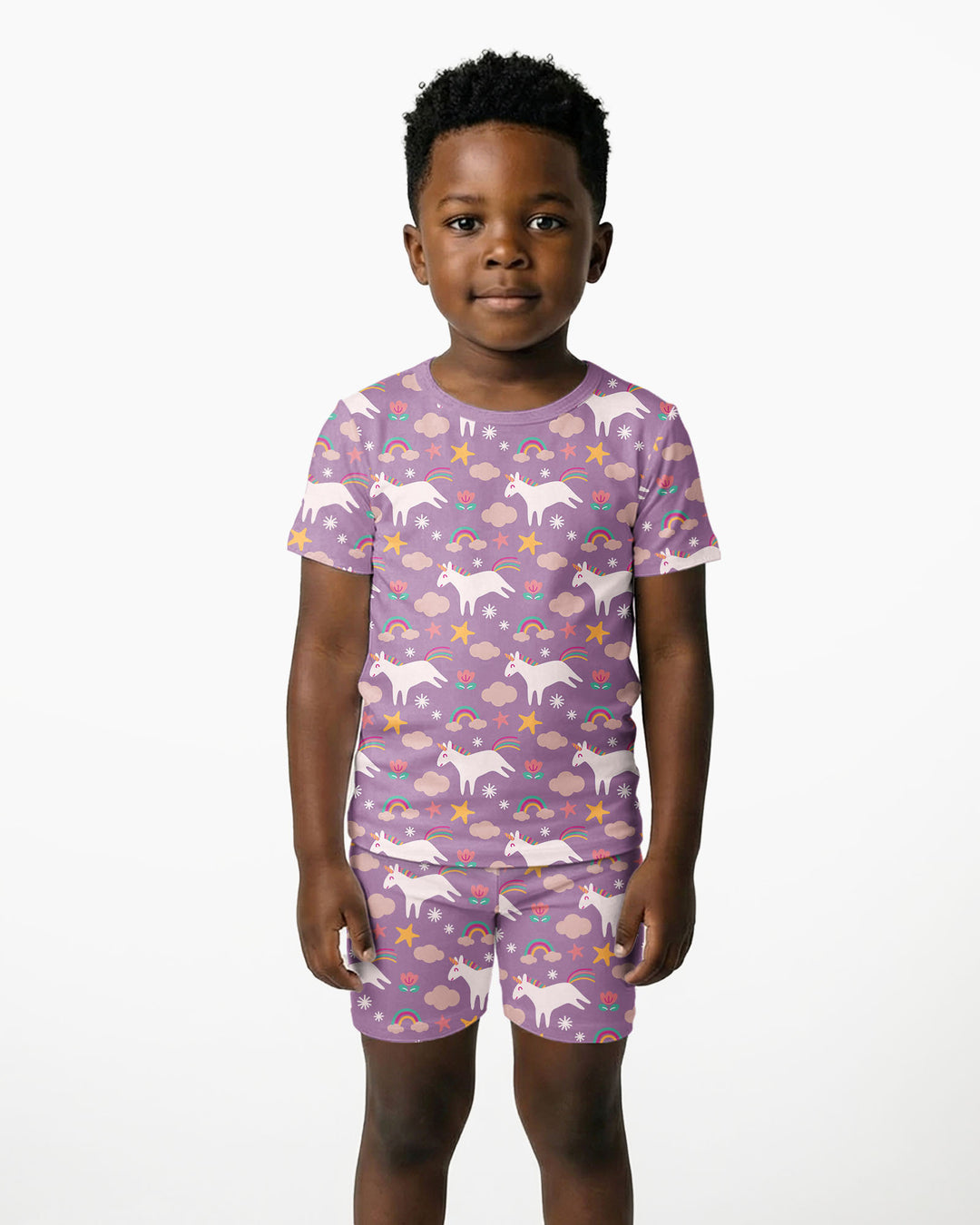 Pijama de dos piezas de bambú de manga corta con pantalón corto y unicornios morados