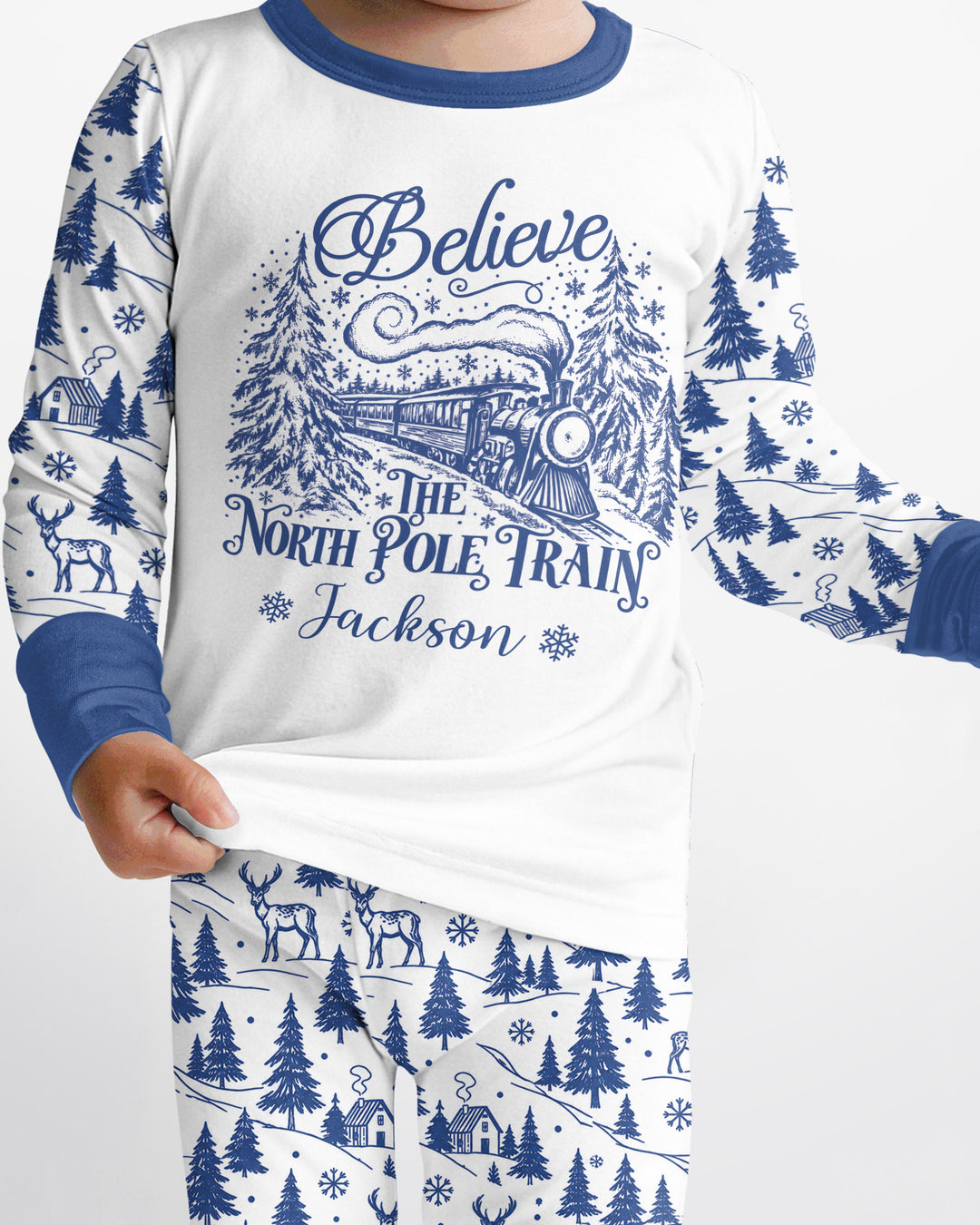 Custom Name North Pole Train Bamboo Two Piece Long Sleeve Pajama Set