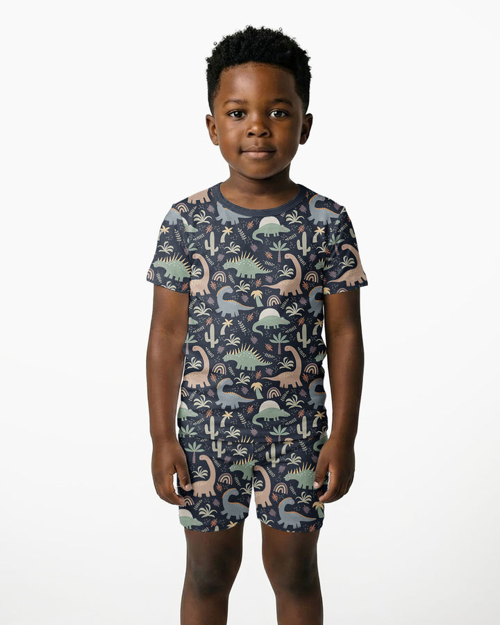 Navy Jurassic Jungle Bamboo Two Piece Short Sleeve Shorts Pajama Set