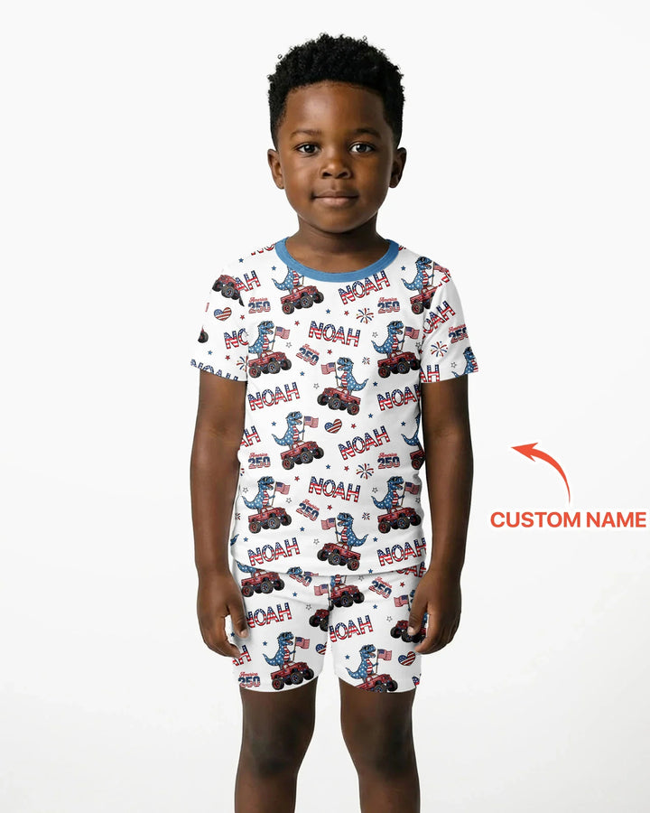 Custom Name American Flag Dinosaur Bamboo Two Piece Short Sleeve Shorts Pajama Set