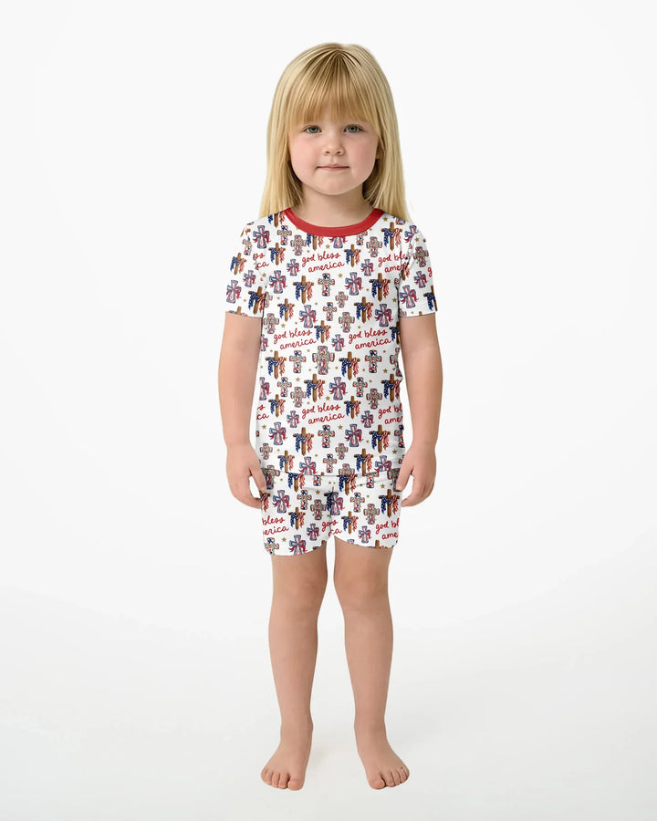 God Bless America Family Matching Bamboo Two Piece Short Sleeve Shorts Pajama Set