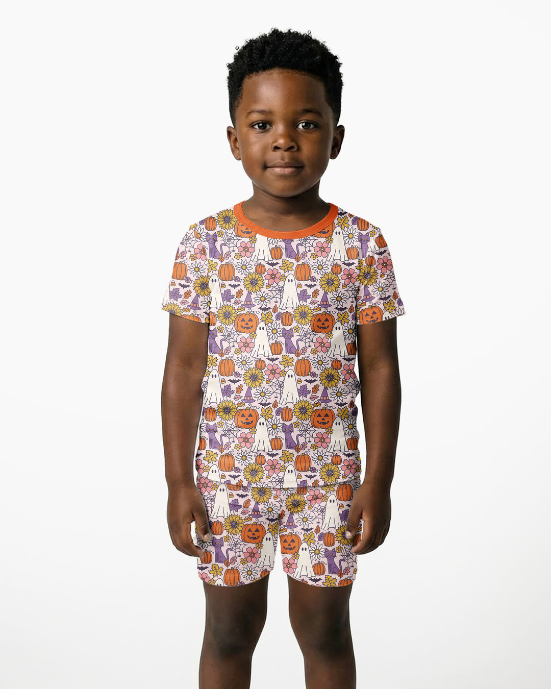 Ghost Pumpkin Fall Floral Halloween Bamboo Two Piece Short Sleeve Shorts Pajama Set