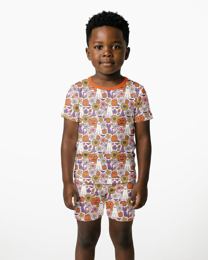 Ghost Pumpkin Fall Floral Halloween Bamboo Two Piece Short Sleeve Shorts Pajama Set
