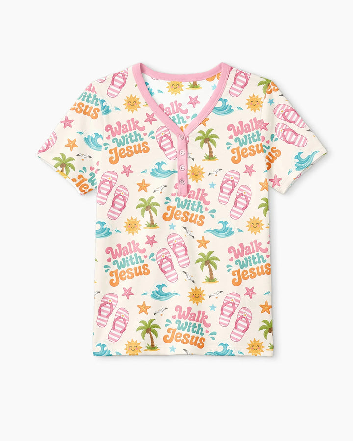 Groovy Summer Walk With Jesus Bamboo Women Short Sleeve Short Pajama Set