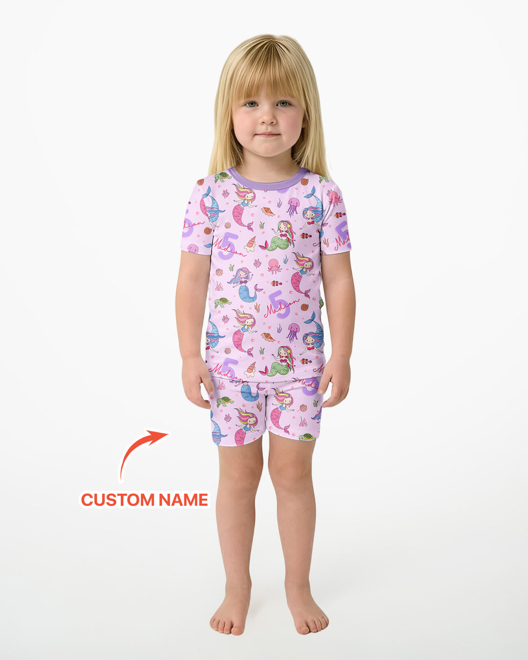 Custom Name Birthday Mermaid Bamboo Two Piece Short Sleeve Shorts Pajama Set