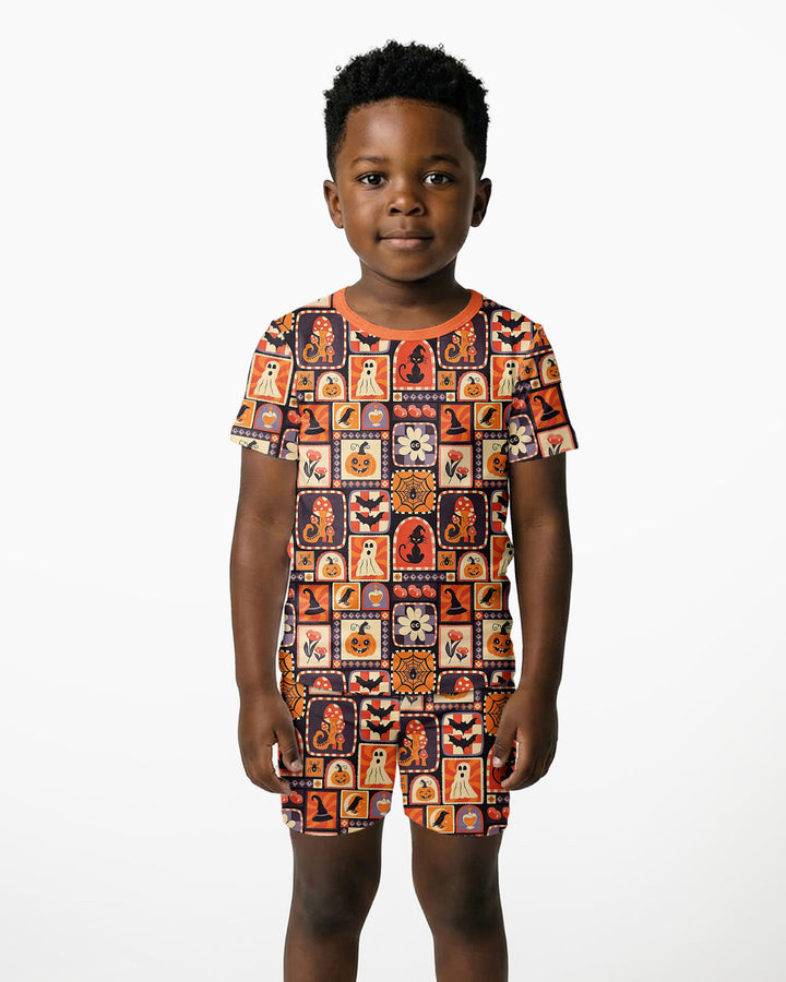 Retro Halloween Patchwork Icons Bamboo Two Piece Short Sleeve Shorts Pajama Set