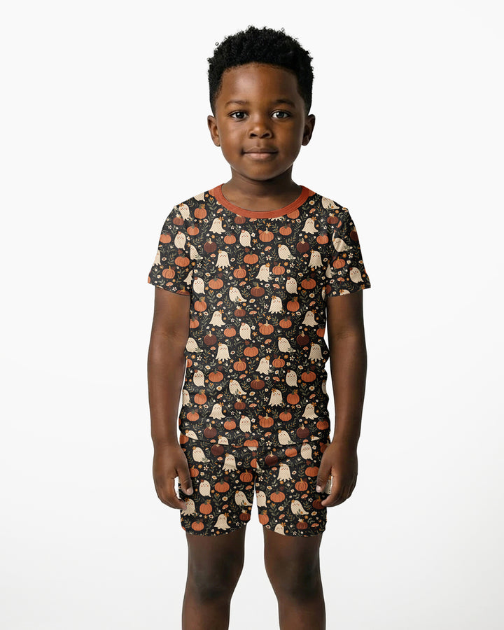 Ghost Pumpkin Harvest Floral Halloween Bamboo Two Piece Short Sleeve Shorts Pajama Set