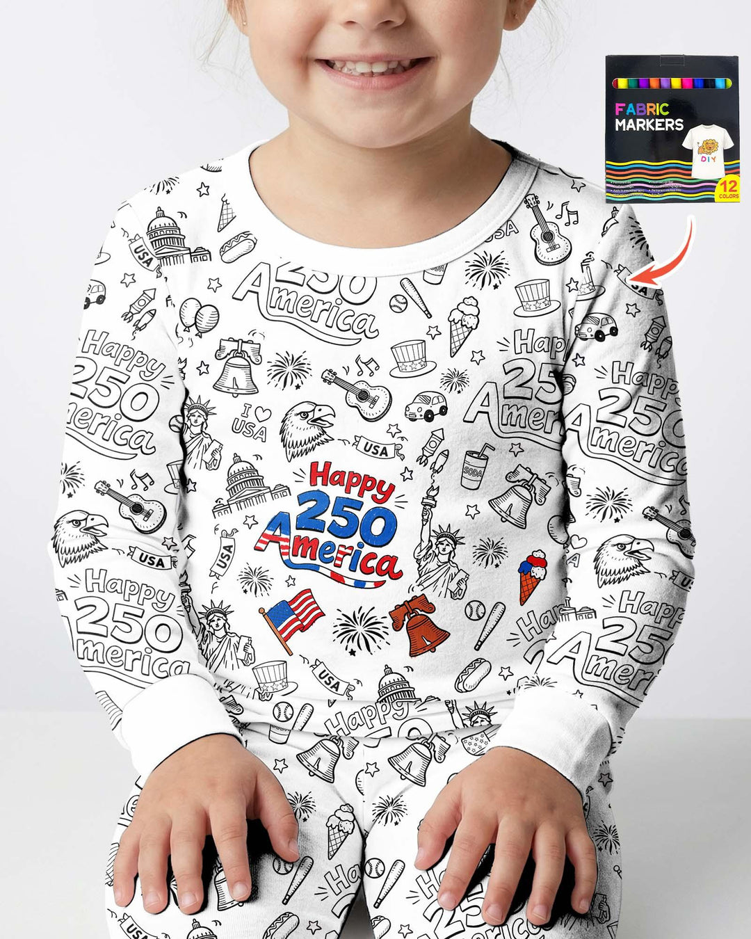 All Colorable Happy 250 America I love USA Bamboo Two Piece Long Sleeve Pajama Set