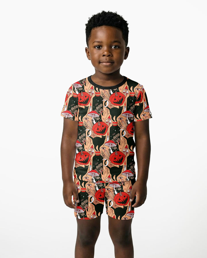 Black Cat And Pumpkin Halloween Bamboo Two Piece Short Sleeve Shorts Pajama Set