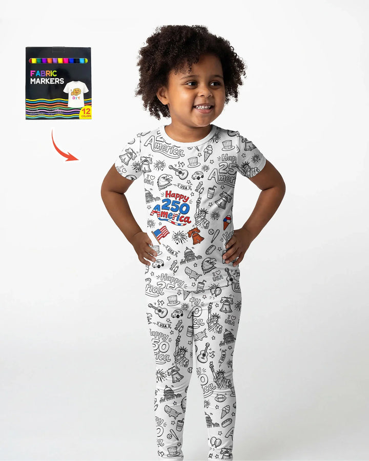 All Colorable Happy 250 America I love USA Bamboo Two Piece Short Sleeve Pajama Set