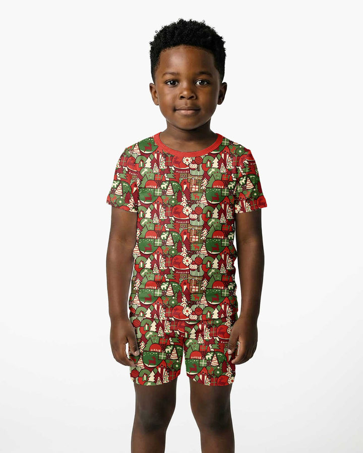 Christmas Time Mosaic Bamboo Two Piece Short Sleeve Shorts Pajama Set