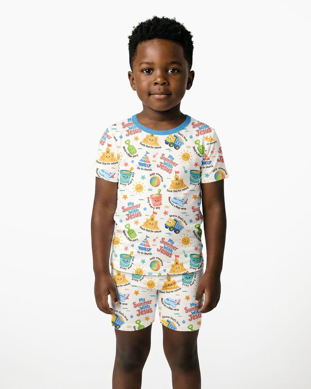 Colorful Summer Beach With Jesus Bamboo Two Piece Short Sleeve Shorts Pajama Set