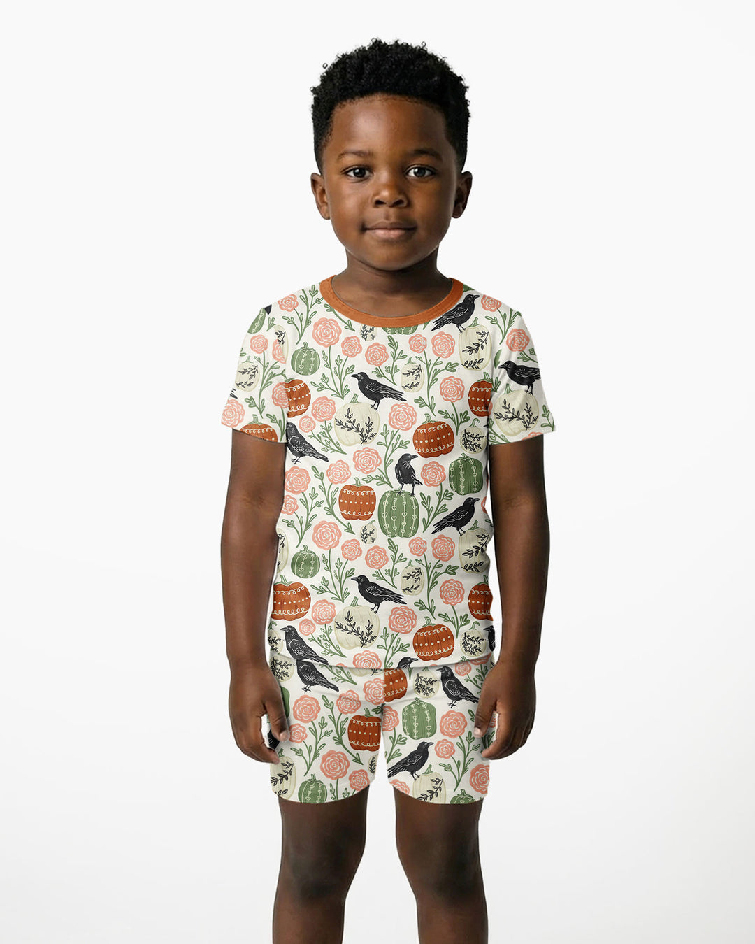 Country Crows with Mums and Pumpkins Bamboo Two Piece Short Sleeve Shorts Pajama Set
