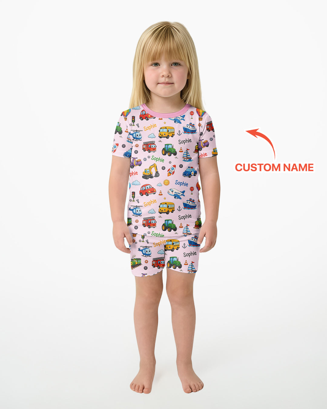 Custom Name Cute Transport Bamboo Two Piece Short Sleeve Shorts Pajama Set