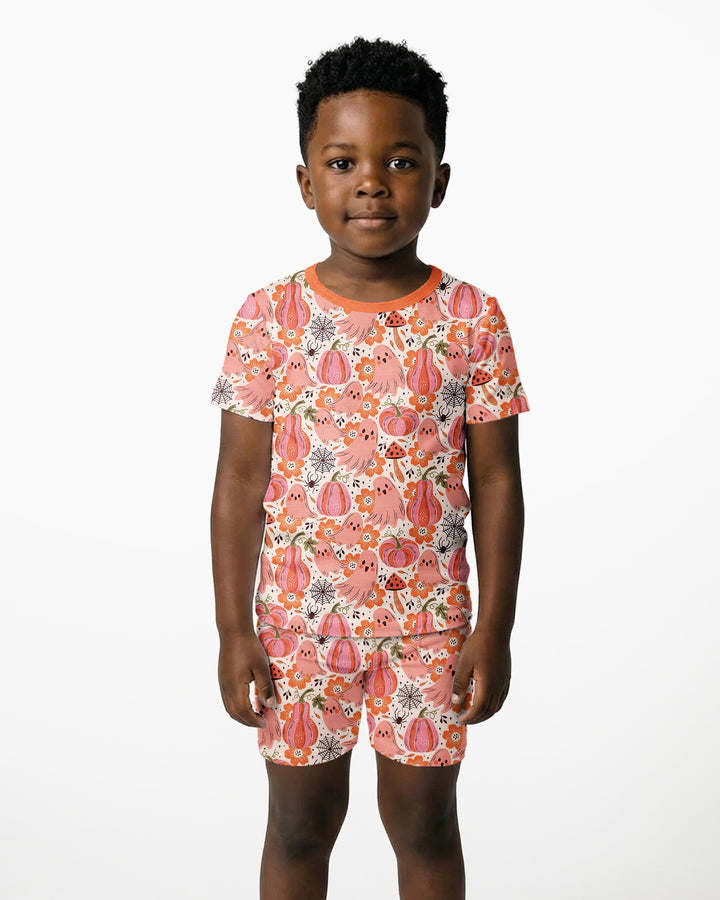 Pink Ghost Pumpkin Fall Floral Halloween Bamboo Two Piece Short Sleeve Shorts Pajama Set