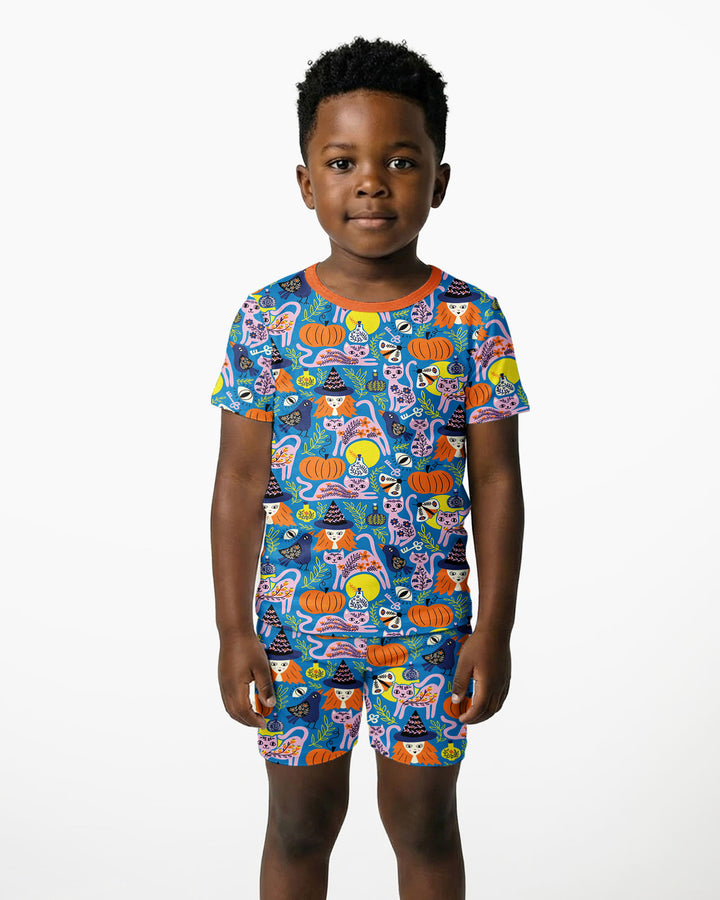 Whimsical Witch Cats Bamboo Two Piece Short Sleeve Shorts Pajama Set