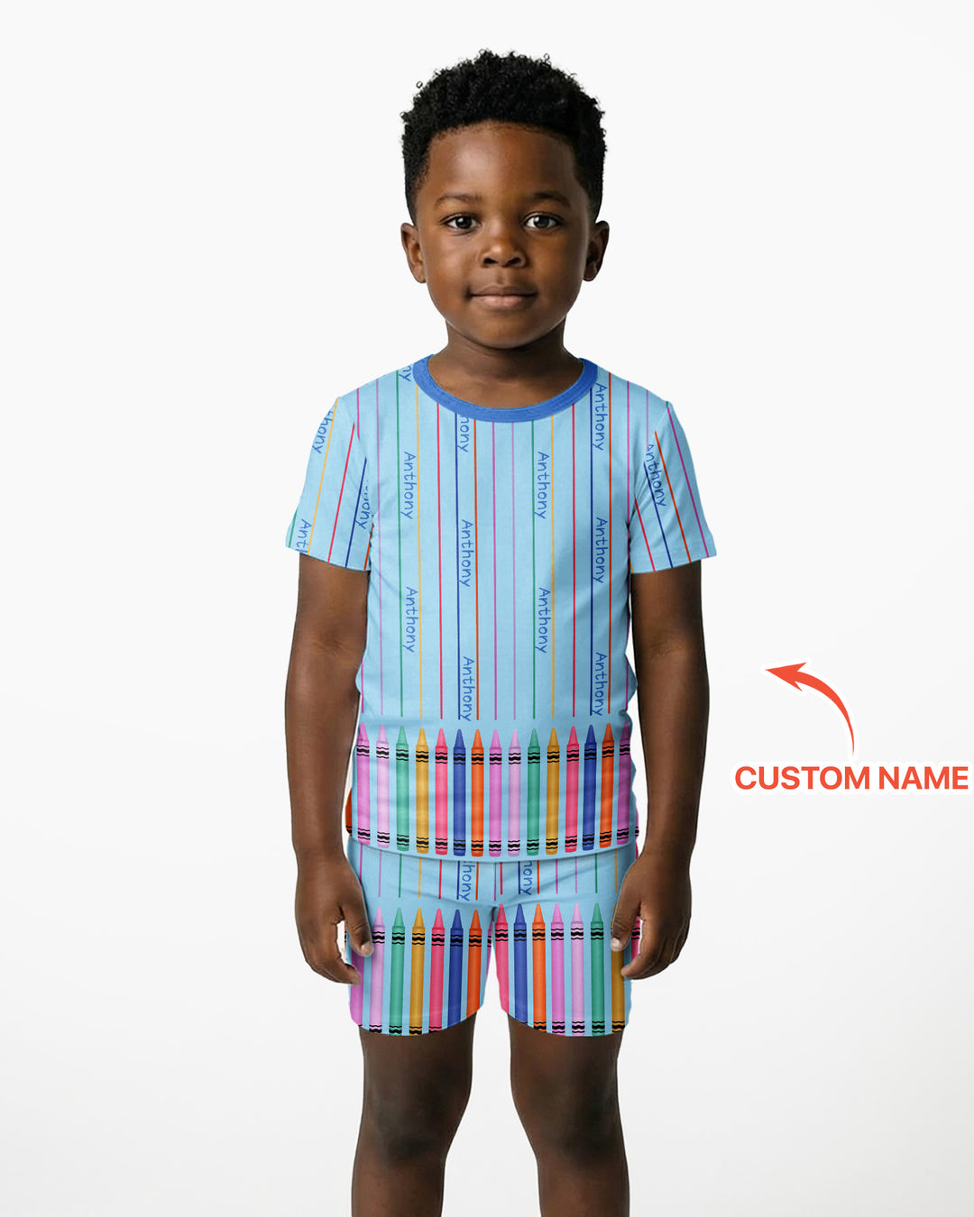Custom Name Crayon Lines Bamboo Two Piece Short Sleeve Shorts Pajama Set